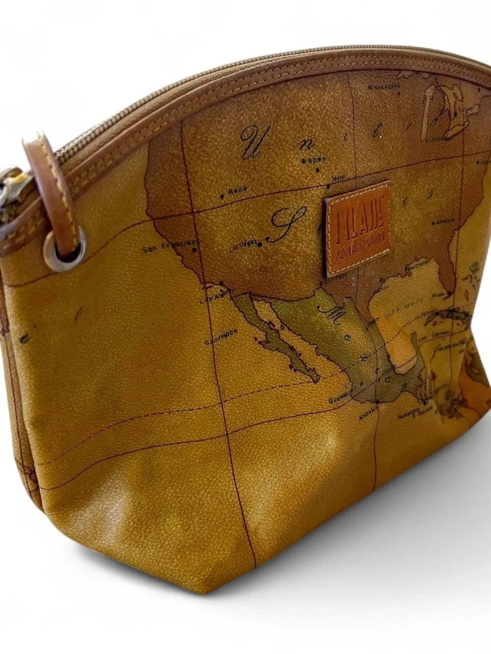 Vintage Alviero Martini Brown Map-Print Leather Crossbody